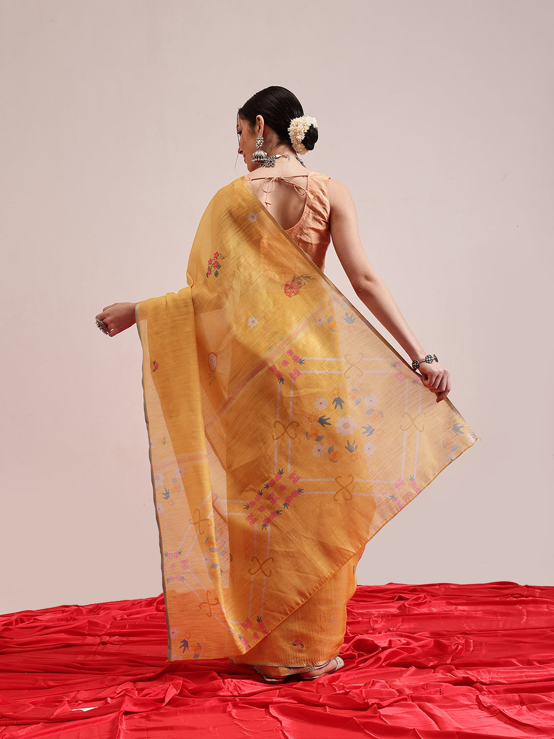 Fruits Printed Cotton Tissue Saree With Gold Zari Work