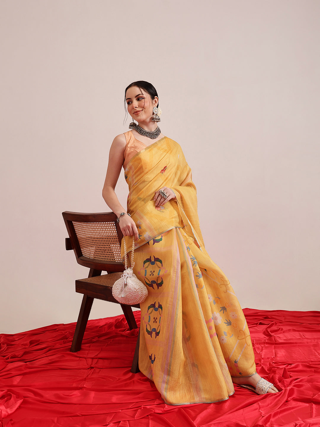 Fruits Printed Cotton Tissue Saree With Gold Zari Work