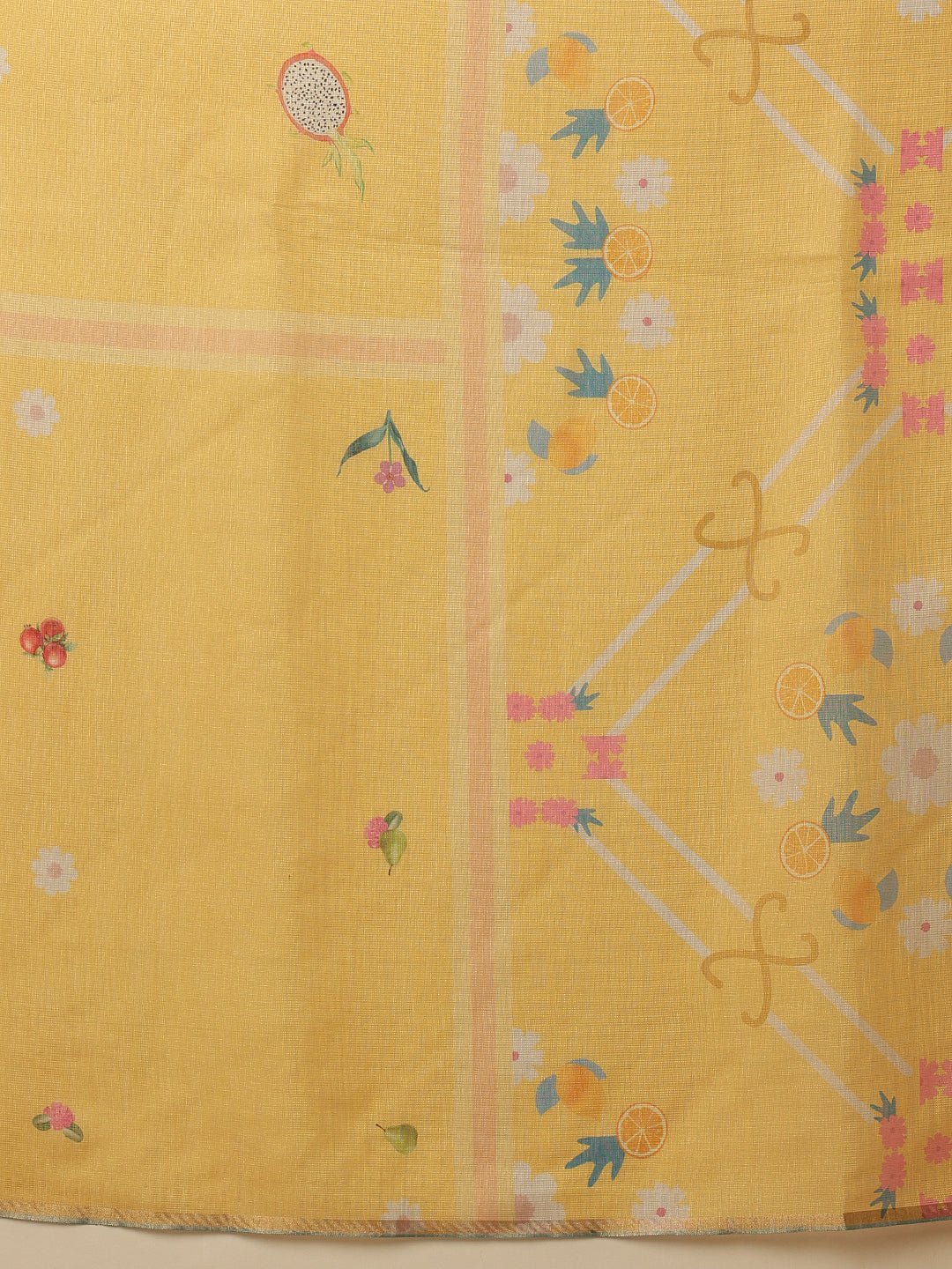 Fruits Printed Cotton Tissue Saree With Gold Zari Work