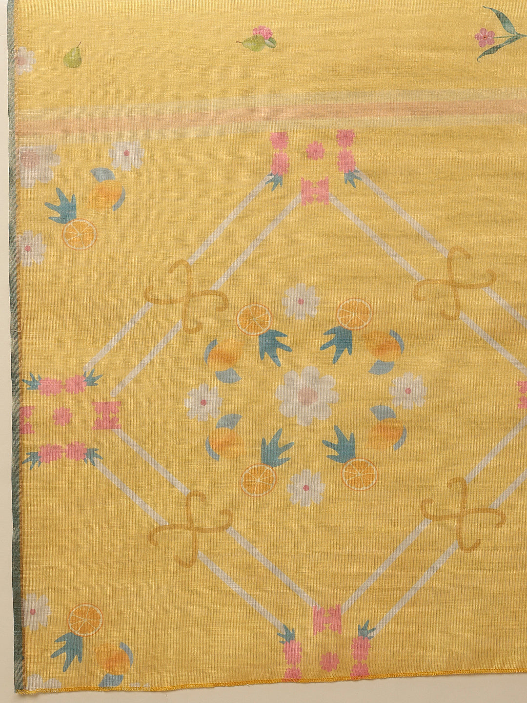Fruits Printed Cotton Tissue Saree With Gold Zari Work