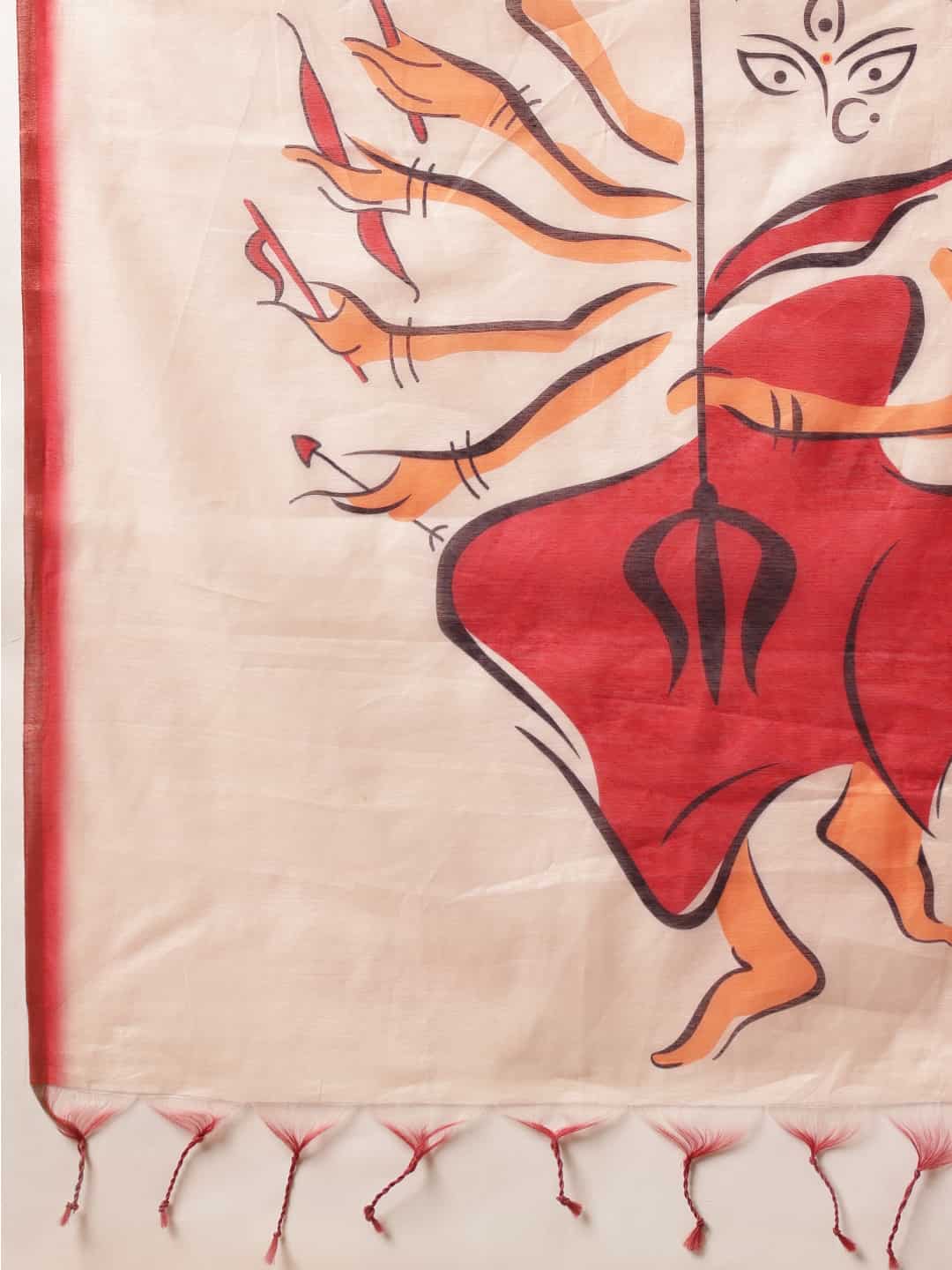 Navaratri Special Cotton Blend Digital Printed Saree With Tassels – Beige with Red Blouse (Design 3274) – view 6