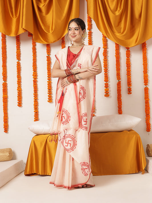 Navaratri Special Cotton Blend Digital Printed Saree With Tassels – Beige with Red Blouse (Design 3275)