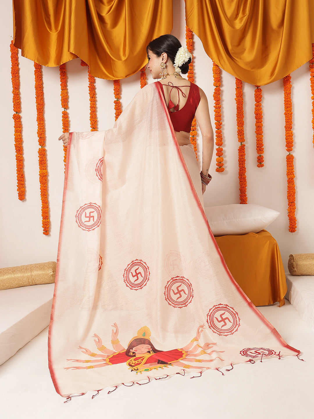 Navaratri Special Cotton Blend Digital Printed Saree With Tassels – Beige with Red Blouse (Design 3275) – view 3