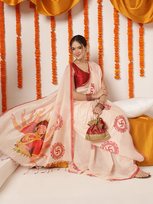 Navaratri Special Cotton Blend Digital Printed Saree With Tassels – Beige with Red Blouse (Design 3275) – view 2