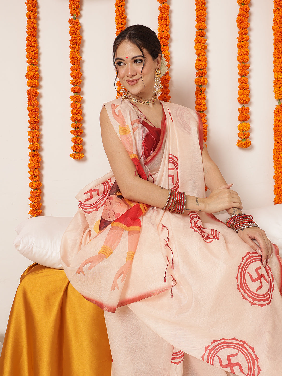 Navaratri Special Cotton Blend Digital Printed Saree With Tassels – Beige with Red Blouse (Design 3275) – view 4