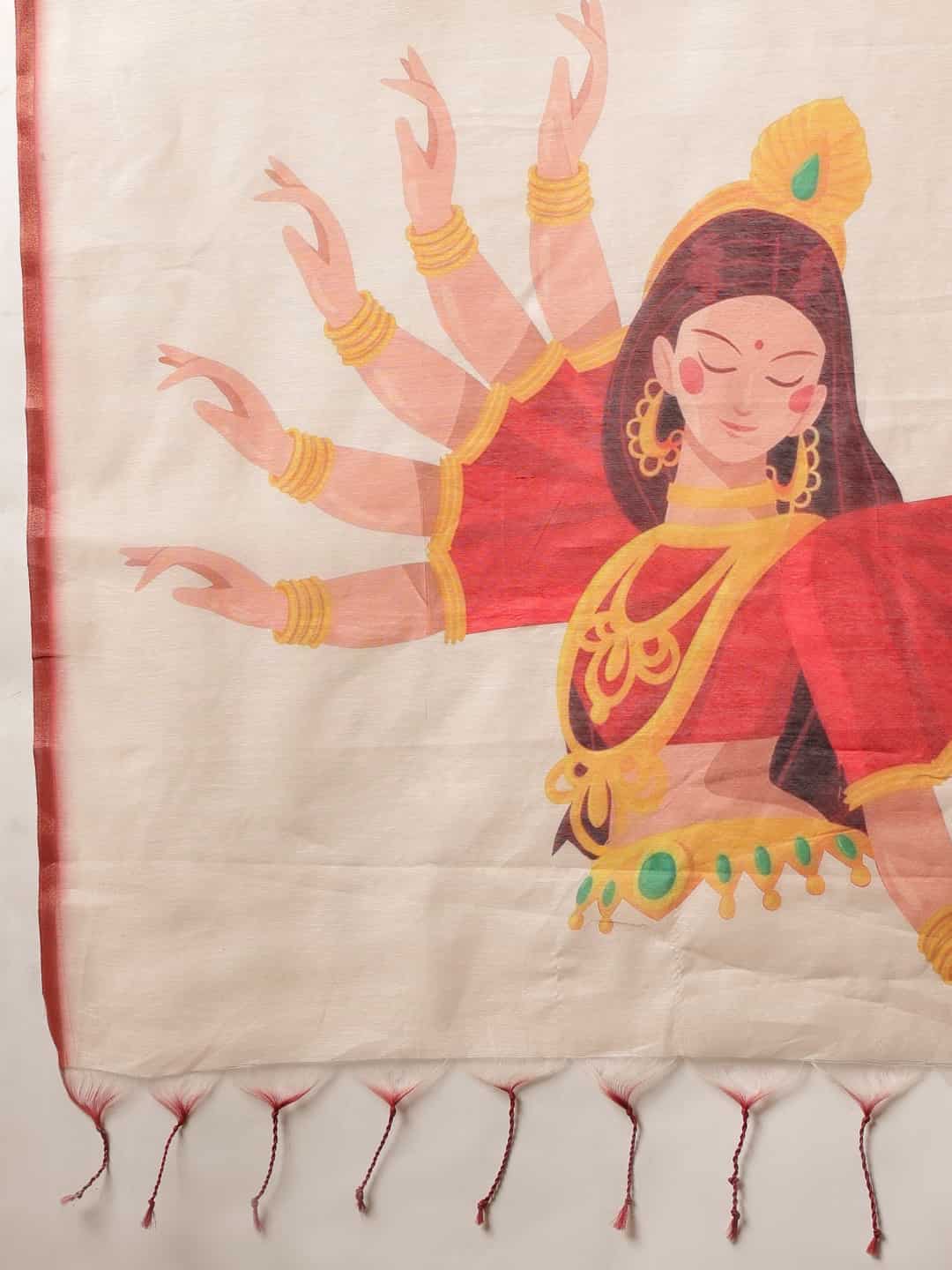 Navaratri Special Cotton Blend Digital Printed Saree With Tassels – Beige with Red Blouse (Design 3275) – view 6