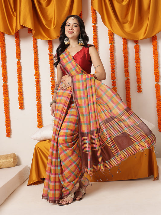Cotton Blend Checks Printed Saree With Printed Blouse & Tassels – view 2