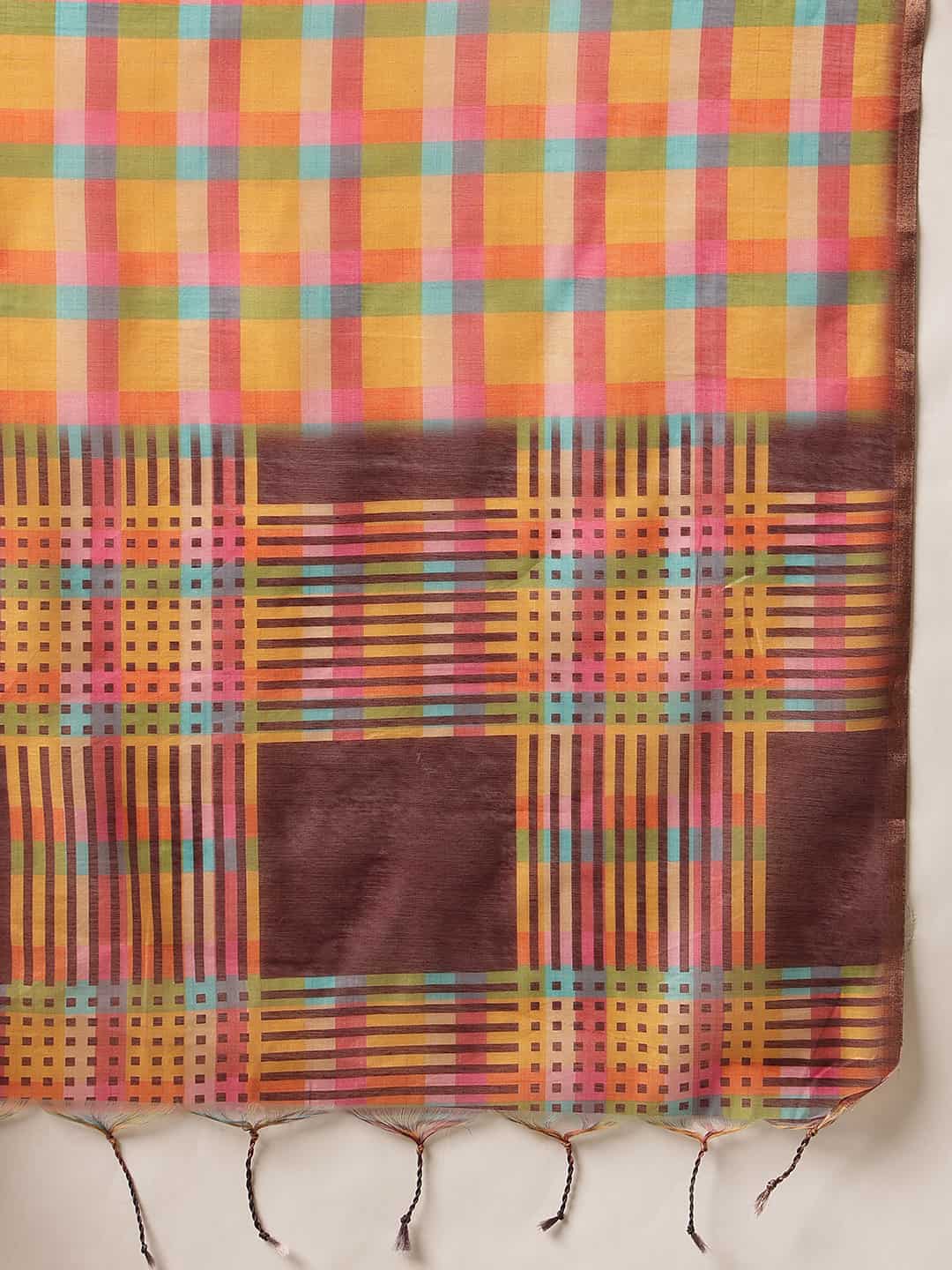 Cotton Blend Checks Printed Saree With Printed Blouse & Tassels – view 6