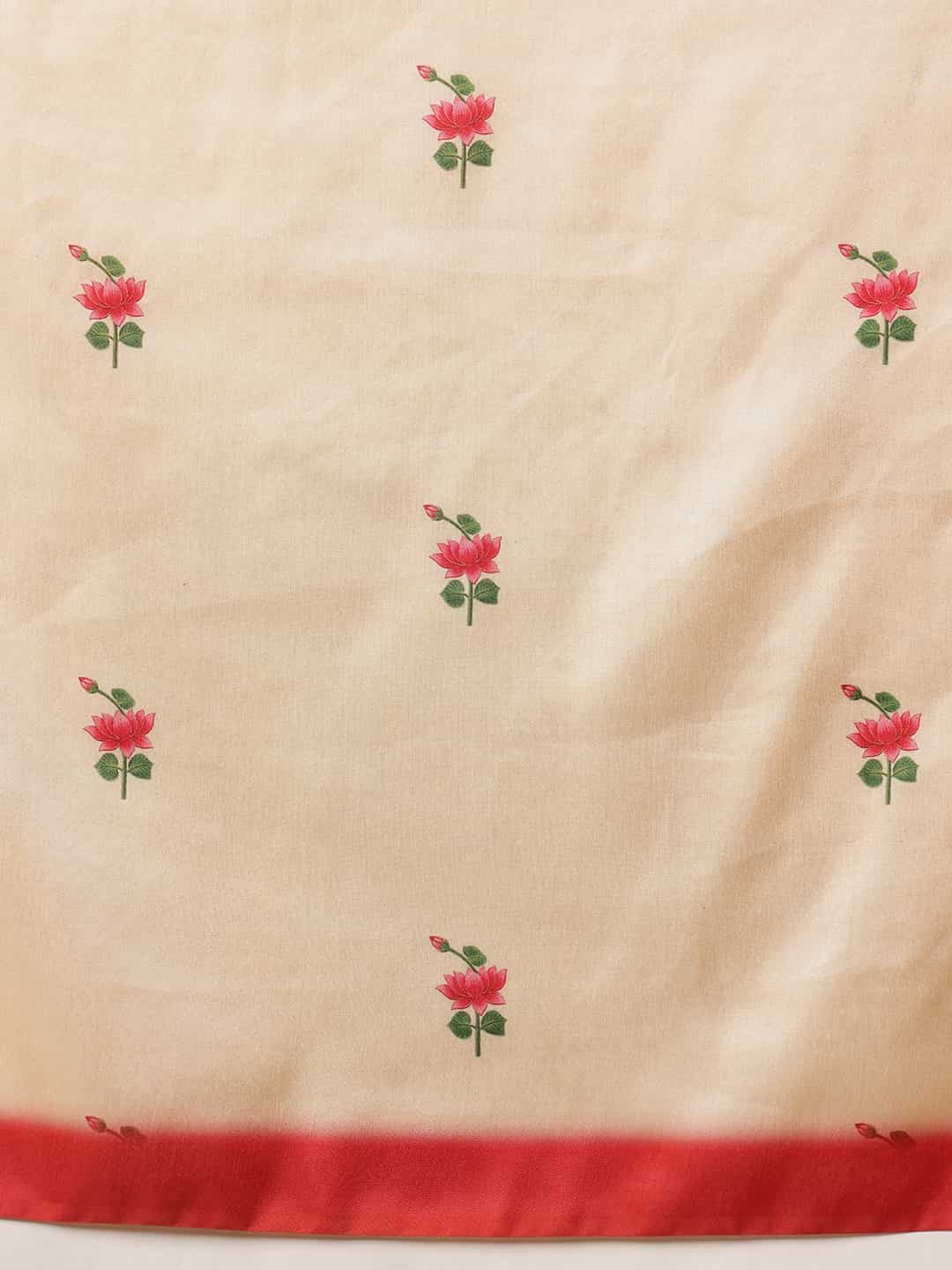 Navaratri Special Soft Silk Digital Printed Saree With Beautiful Prints – Beige & Red with Red Border (Design 3279) – view 5