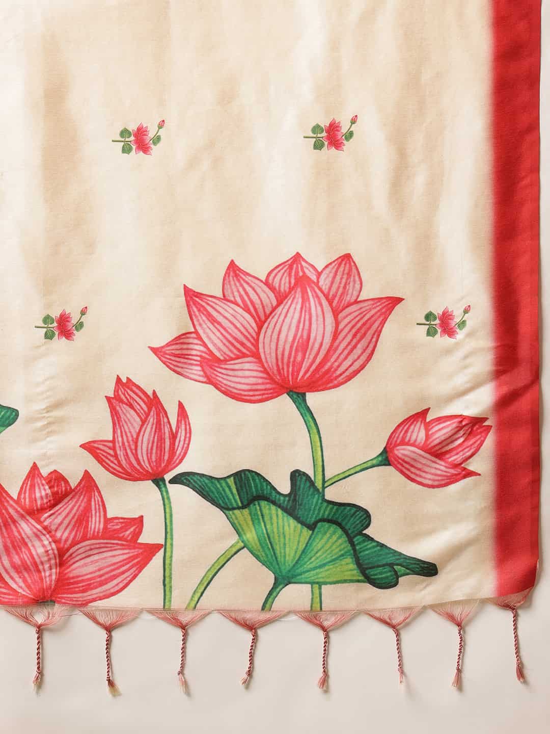 Navaratri Special Soft Silk Digital Printed Saree With Beautiful Prints – Beige & Red with Red Border (Design 3279) – view 6
