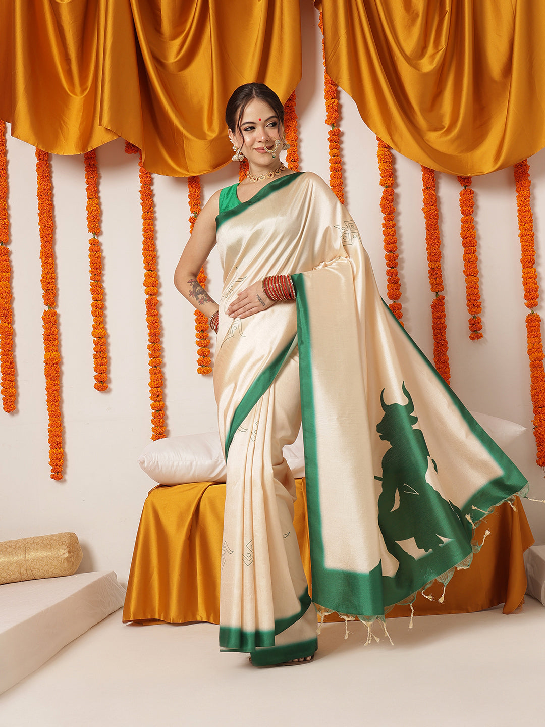 Navaratri Special Soft Silk Digital Printed Saree With Beautiful Prints – Beige & Green