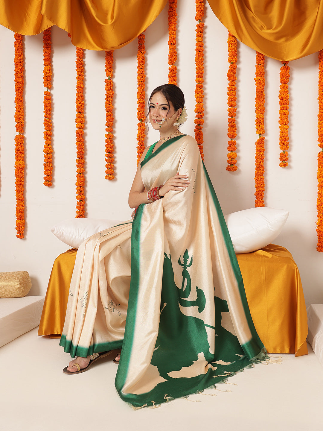 Navaratri Special Soft Silk Digital Printed Saree With Beautiful Prints – Beige & Green – view 2
