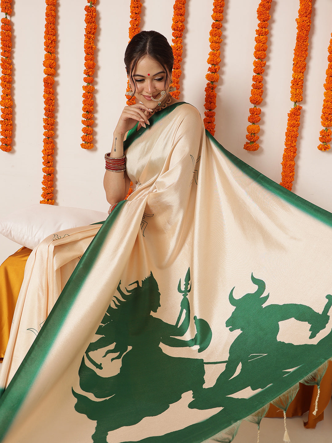 Navaratri Special Soft Silk Digital Printed Saree With Beautiful Prints – Beige & Green – view 4