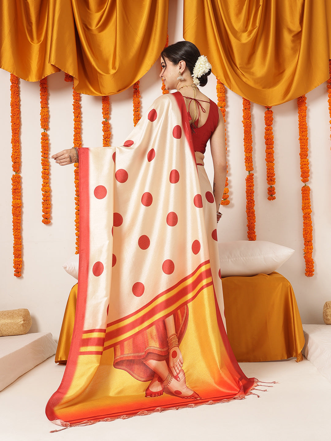 Navaratri Special Soft Silk Digital Printed Saree With Beautiful Prints – Beige & Red with Red Border (Design 3281) – view 3