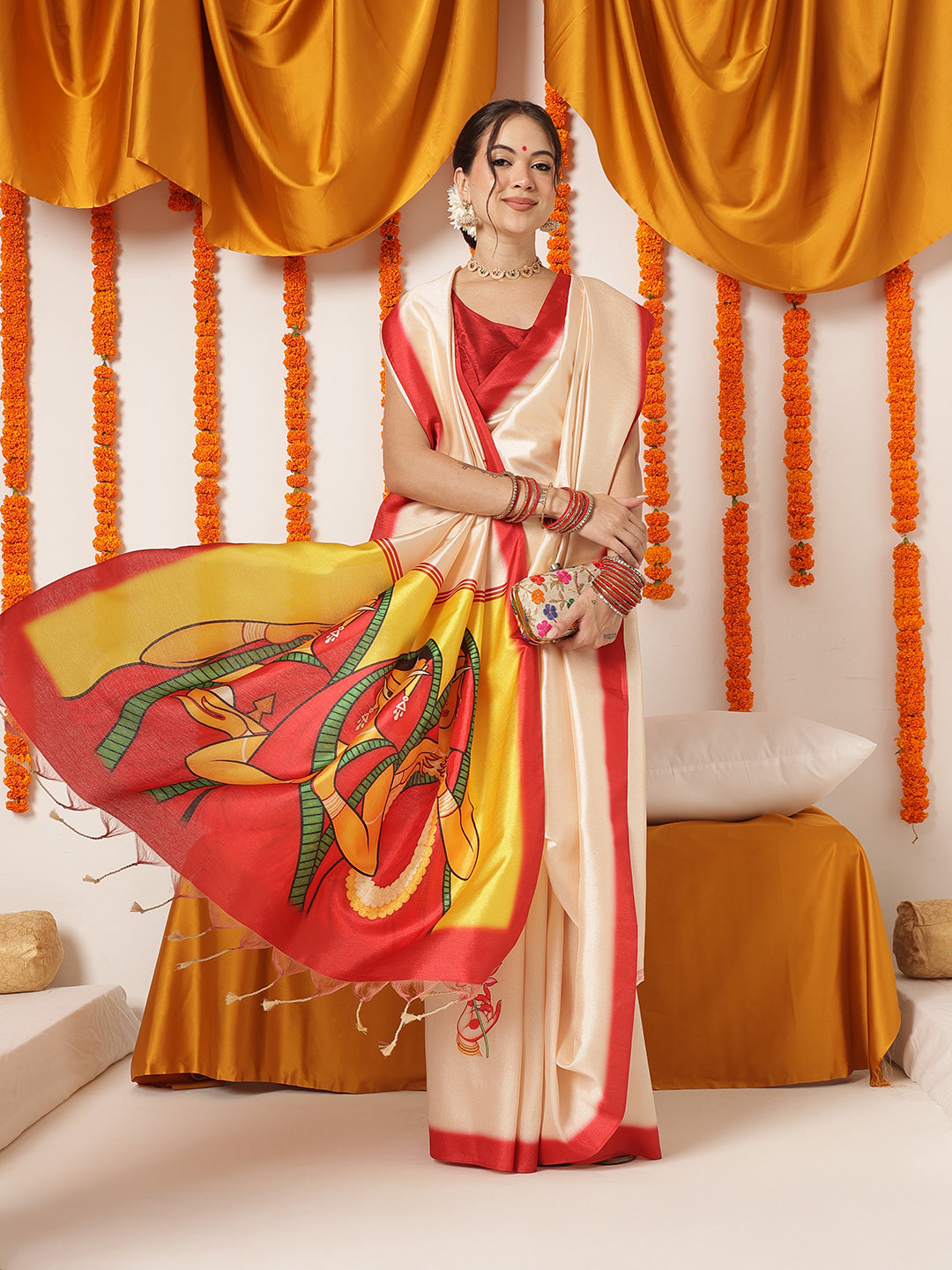Navaratri Special Soft Silk Digital Printed Saree With Beautiful Prints – Beige
