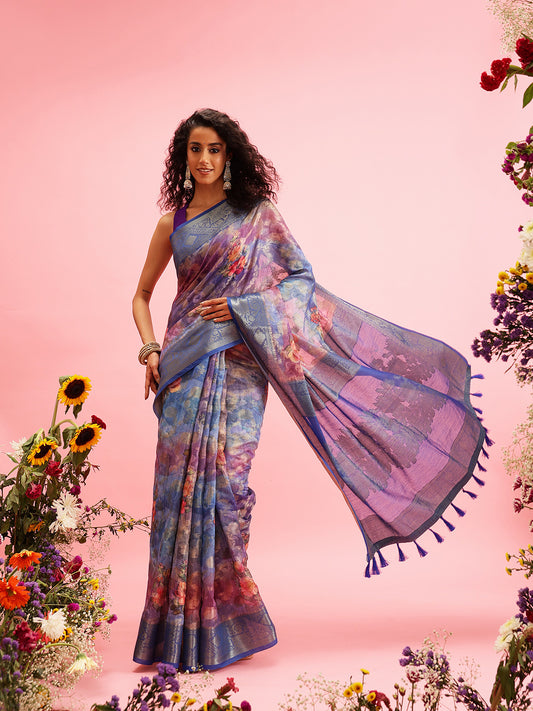 Digital Printed Banarasi Cotton Zari Woven Saree