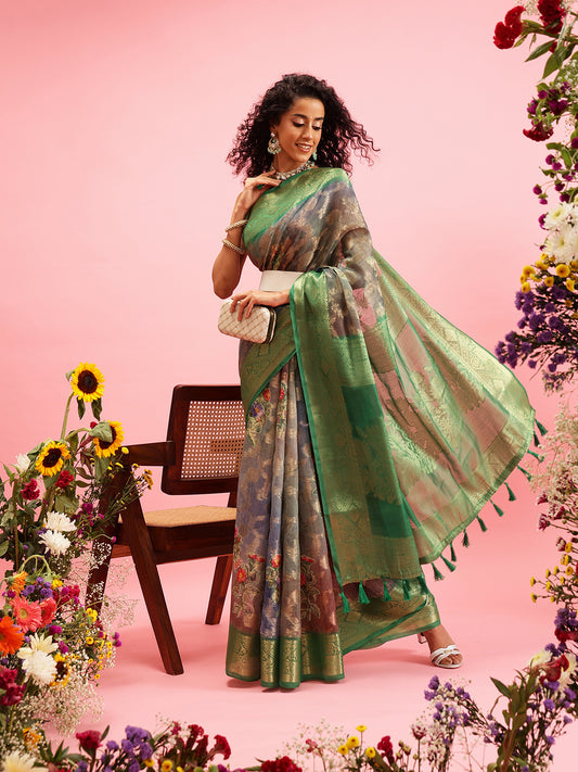 Digital Printed Banarasi Cotton Zari Woven Saree