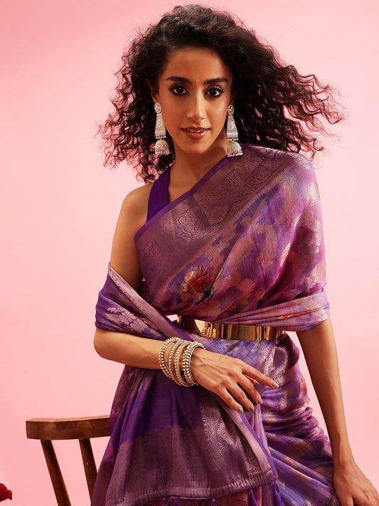 Digital Printed Banarasi Cotton Zari Woven Saree