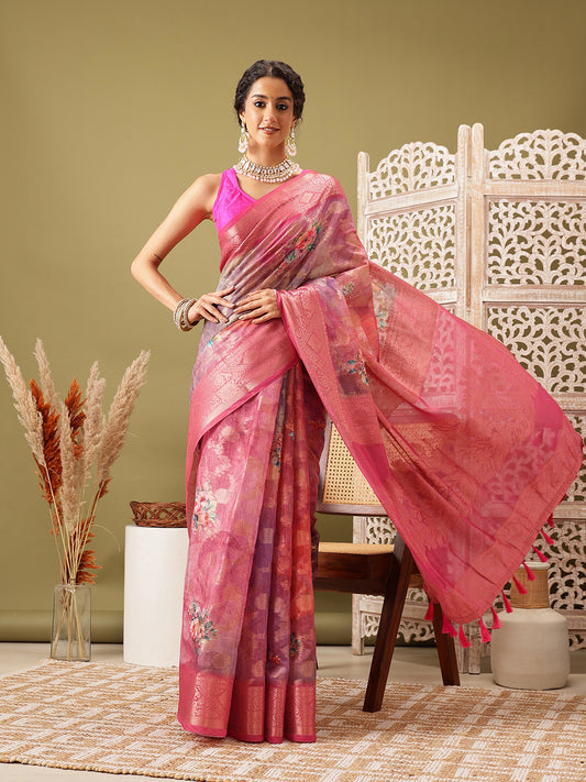 Digital Printed Banarasi Cotton Zari Woven Saree