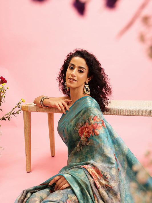 Digital Printed Banarasi Cotton Zari Woven Saree