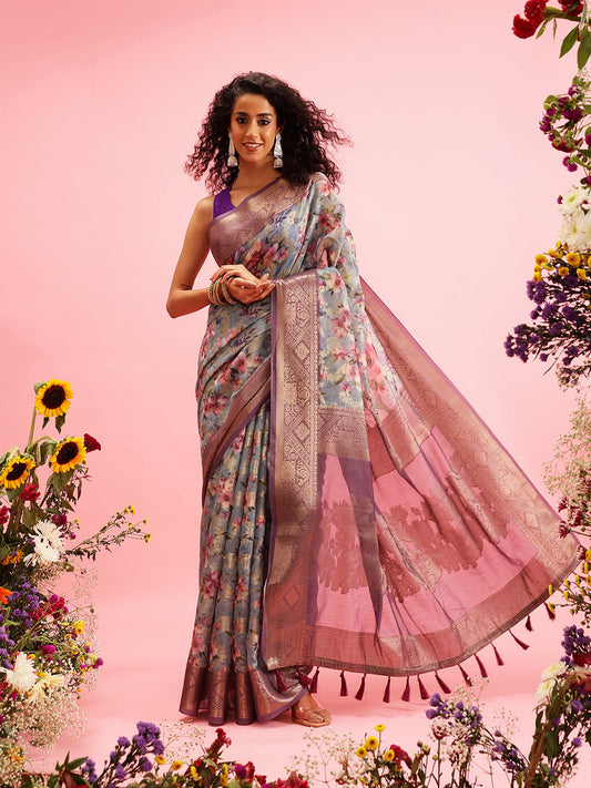 Digital Printed Banarasi Cotton Zari Woven Saree