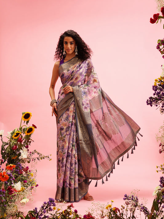 Digital Printed Banarasi Cotton Zari Woven Saree