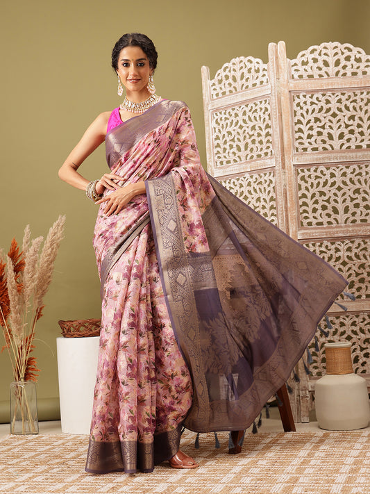 Digital Printed Banarasi Cotton Zari Woven Saree