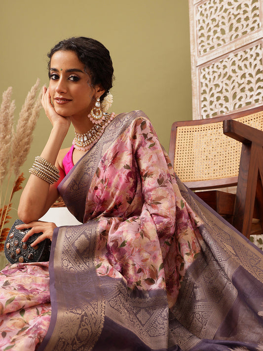 Digital Printed Banarasi Cotton Zari Woven Saree