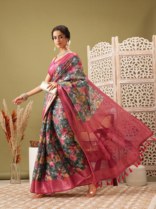 Digital Printed Banarasi Cotton Zari Woven Saree