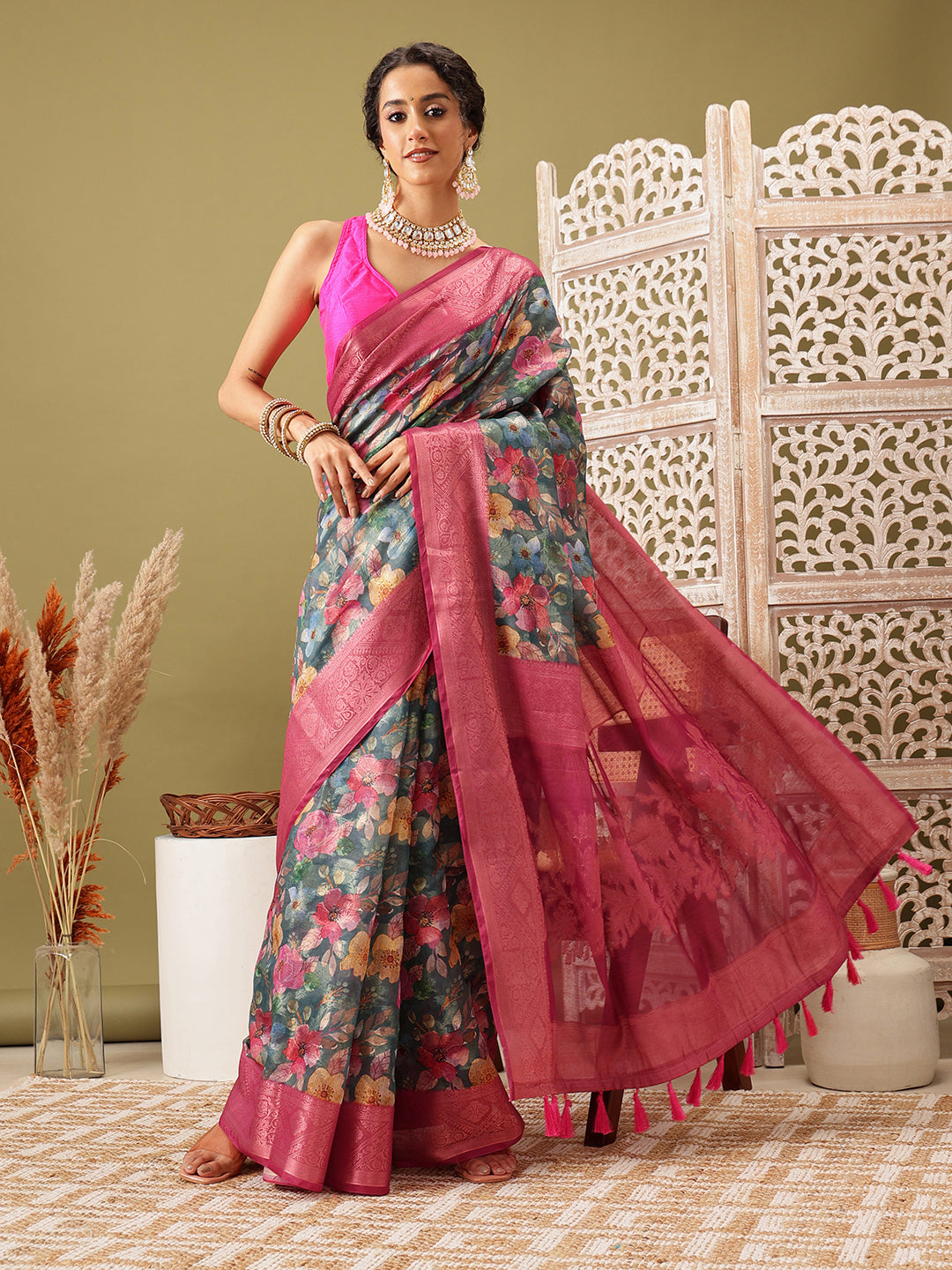 Digital Printed Banarasi Cotton Zari Woven Saree