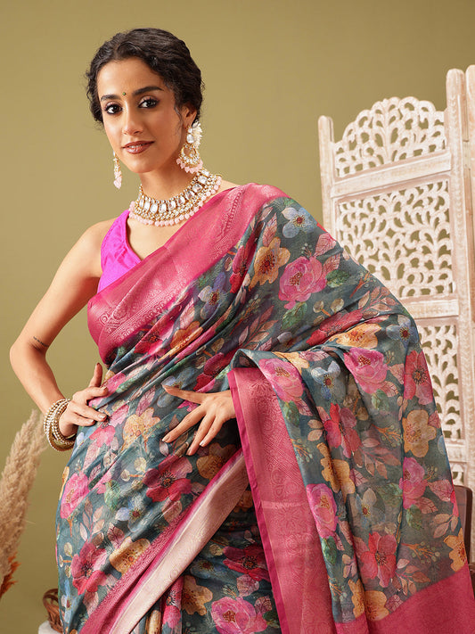 Digital Printed Banarasi Cotton Zari Woven Saree