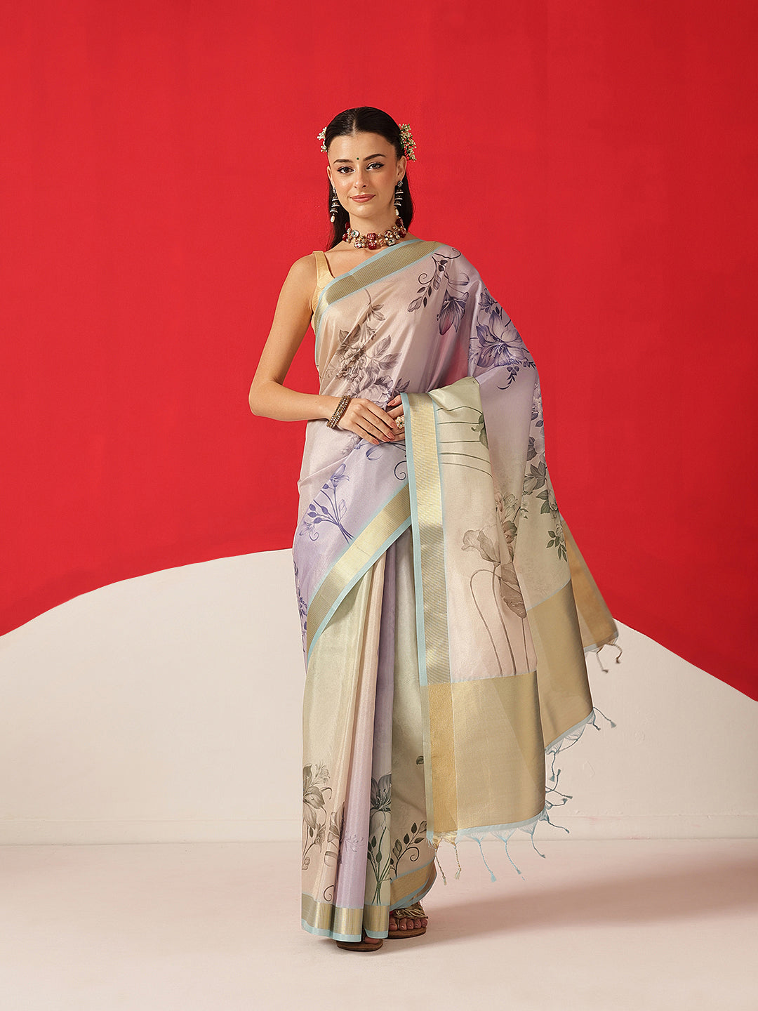 Floral Printed Soft Tissue Silk Saree With Tassels