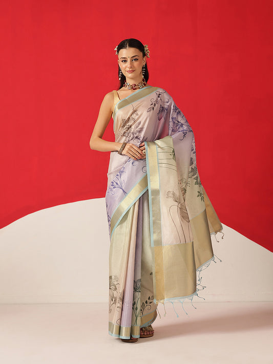 Floral Printed Soft Tissue Silk Saree With Tassels