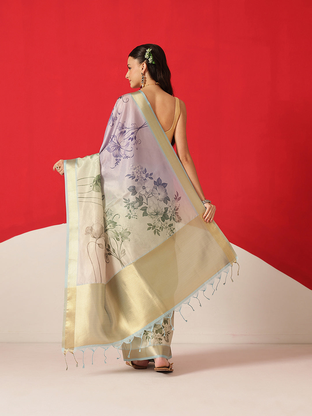 Floral Printed Soft Tissue Silk Saree With Tassels