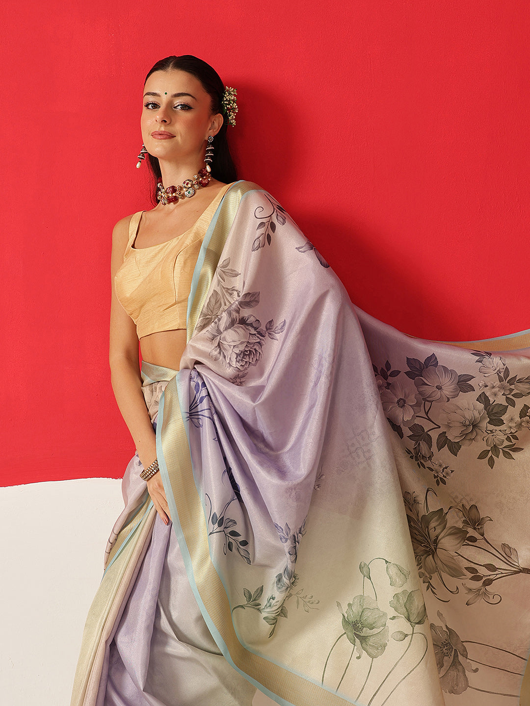 Floral Printed Soft Tissue Silk Saree With Tassels