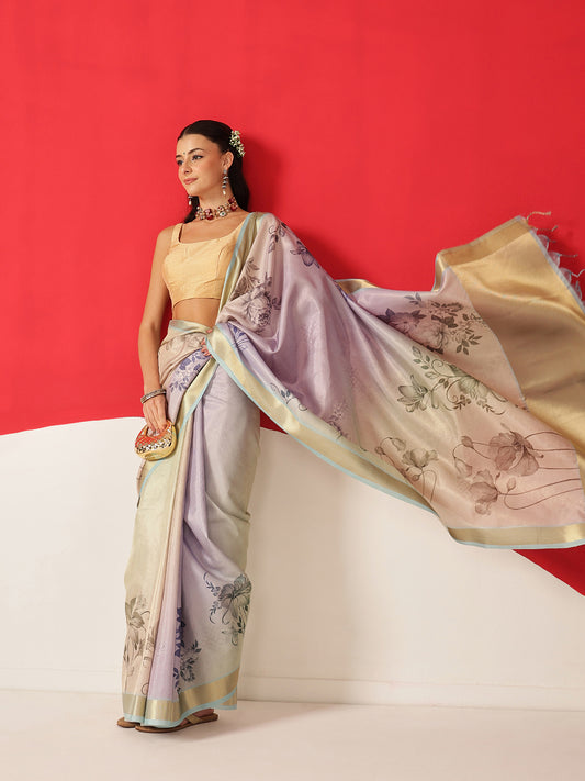 Floral Printed Soft Tissue Silk Saree With Tassels