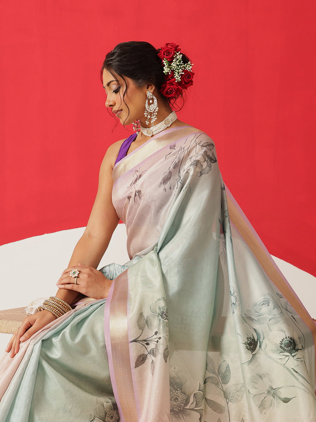Floral Printed Soft Tissue Silk Saree With Tassels