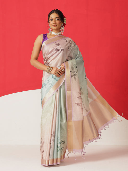 Floral Printed Soft Tissue Silk Saree With Tassels