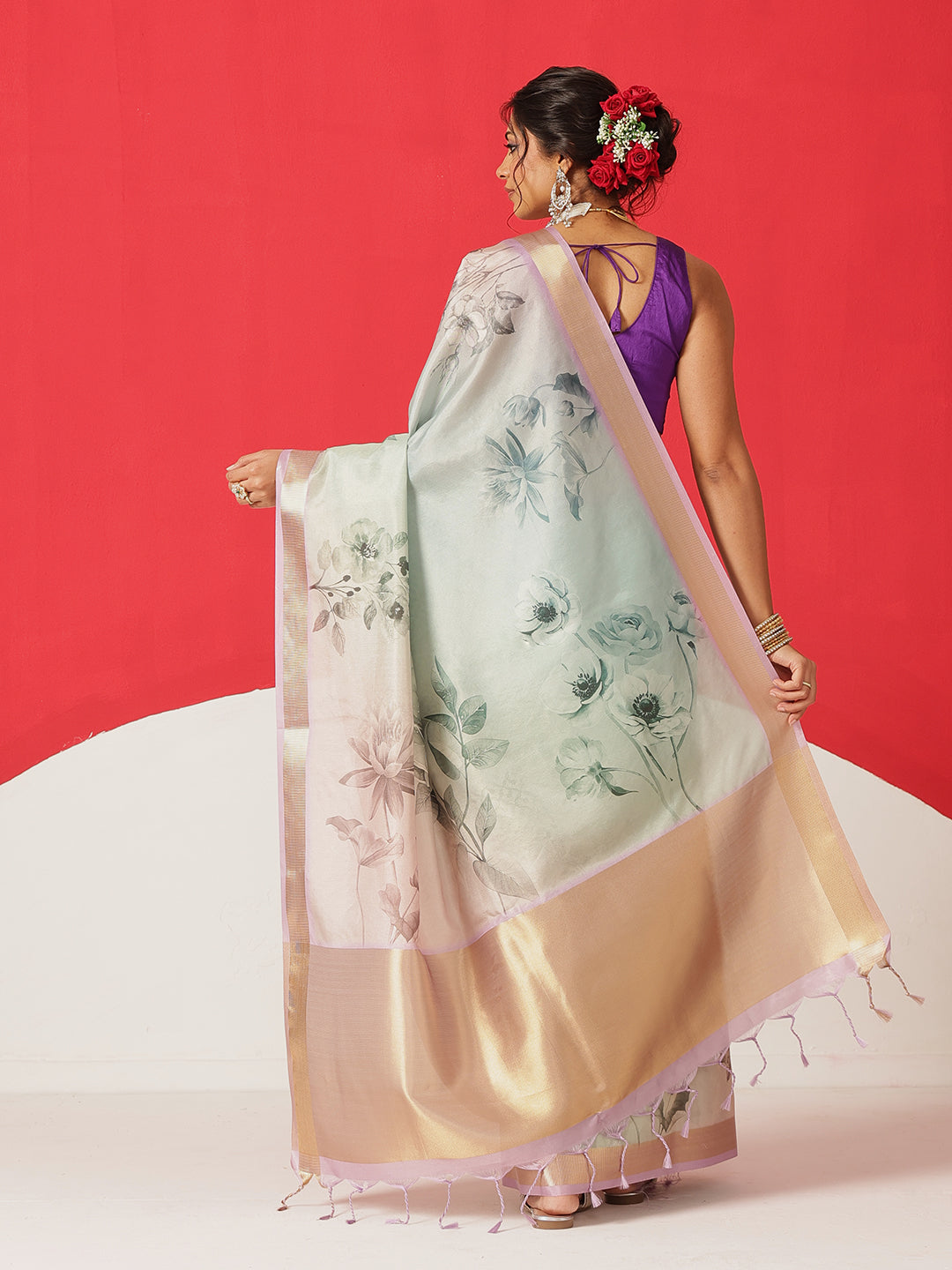 Floral Printed Soft Tissue Silk Saree With Tassels