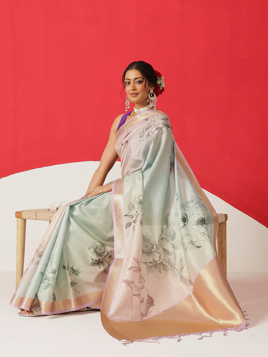 Floral Printed Soft Tissue Silk Saree With Tassels