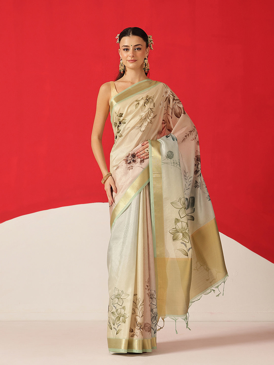 Floral Printed Soft Tissue Silk Saree With Tassels