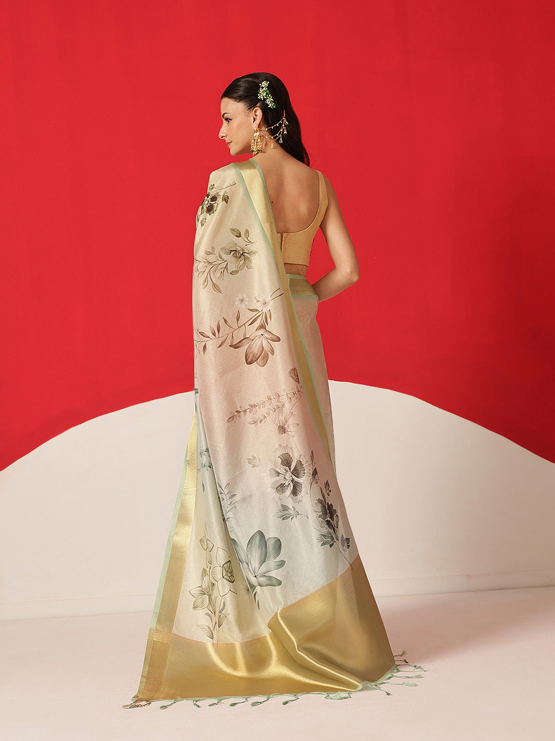 Floral Printed Soft Tissue Silk Saree With Tassels