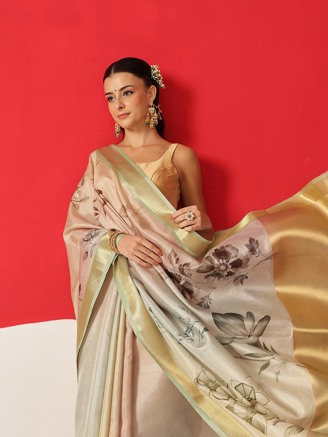 Floral Printed Soft Tissue Silk Saree With Tassels