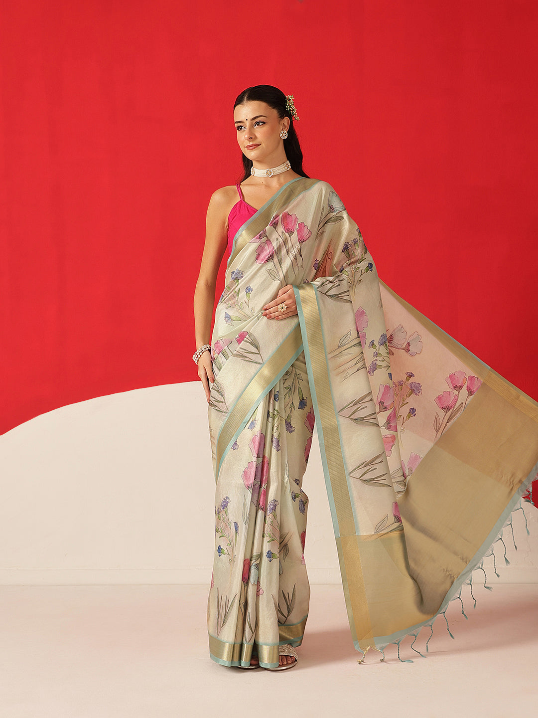 Floral Printed Soft Tissue Silk Saree With Tassels