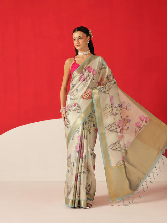 Floral Printed Soft Tissue Silk Saree With Tassels