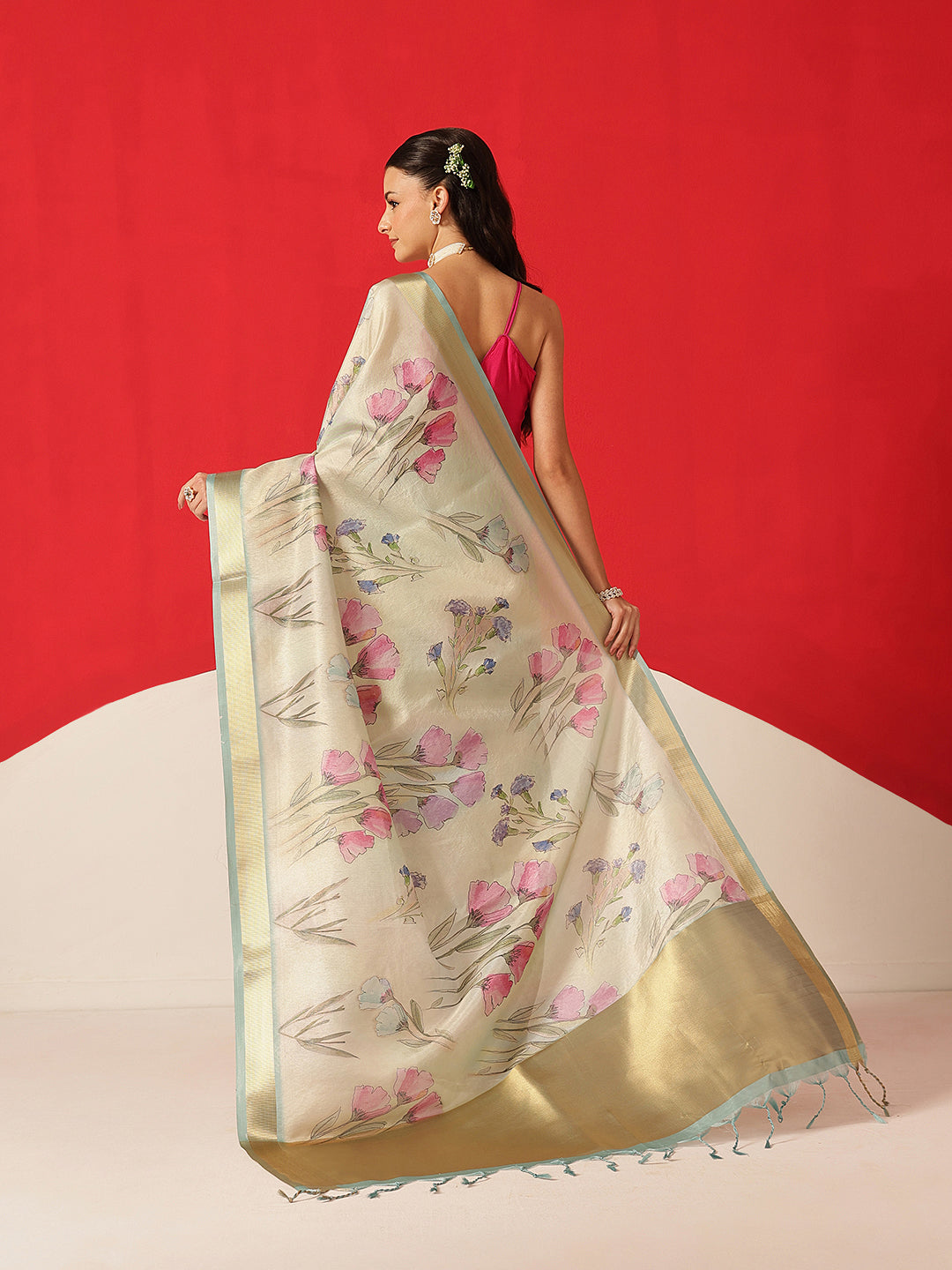 Floral Printed Soft Tissue Silk Saree With Tassels