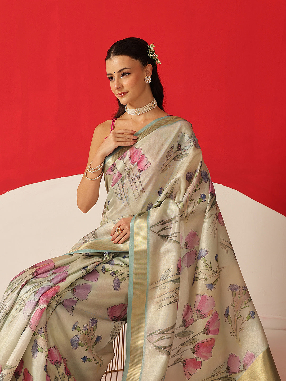 Floral Printed Soft Tissue Silk Saree With Tassels