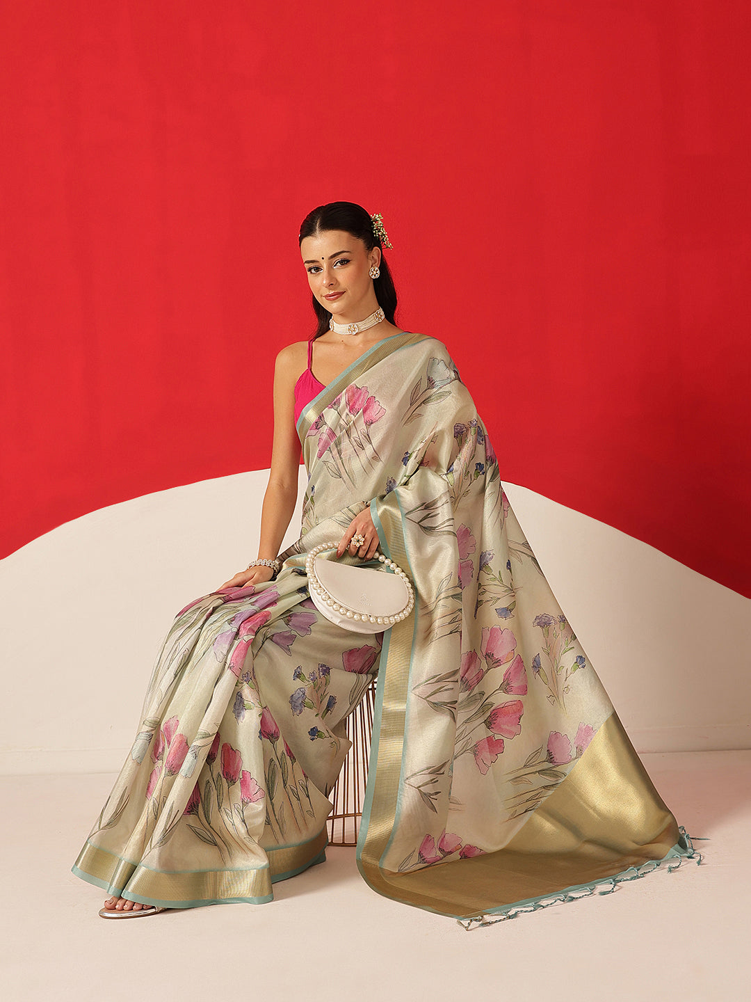Floral Printed Soft Tissue Silk Saree With Tassels