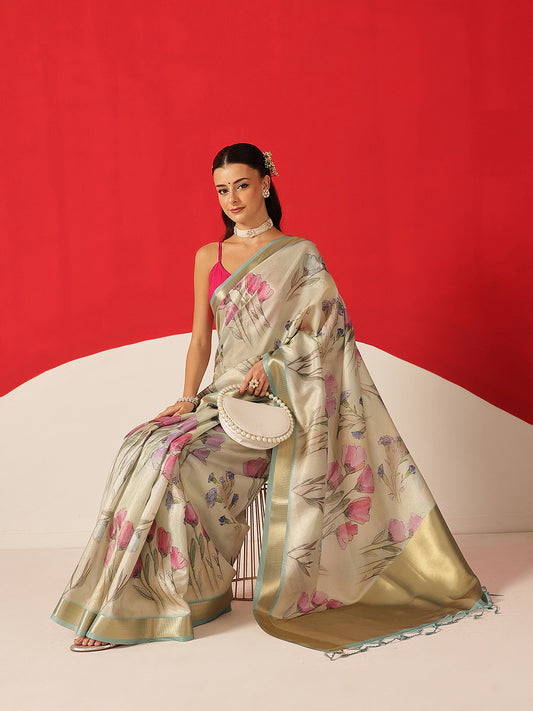 Floral Printed Soft Tissue Silk Saree With Tassels