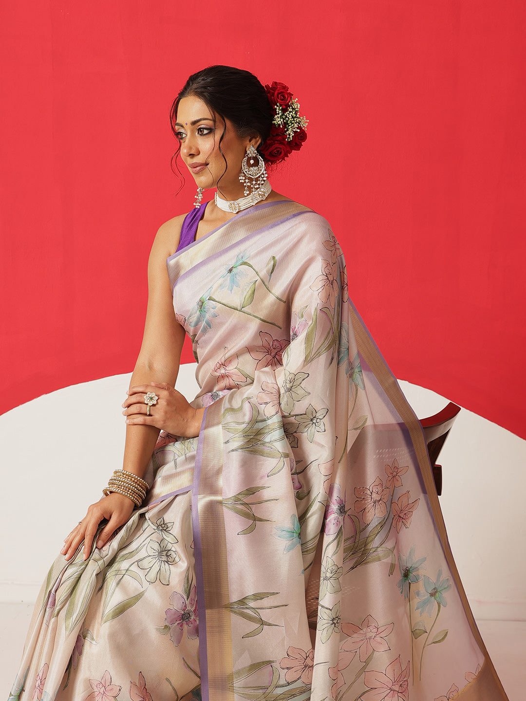 Floral Printed Soft Tissue Silk Saree With Tassels